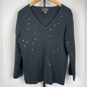 Sandra King Black Silk‎ Blend Sequin Beaded V-Neck Sweater